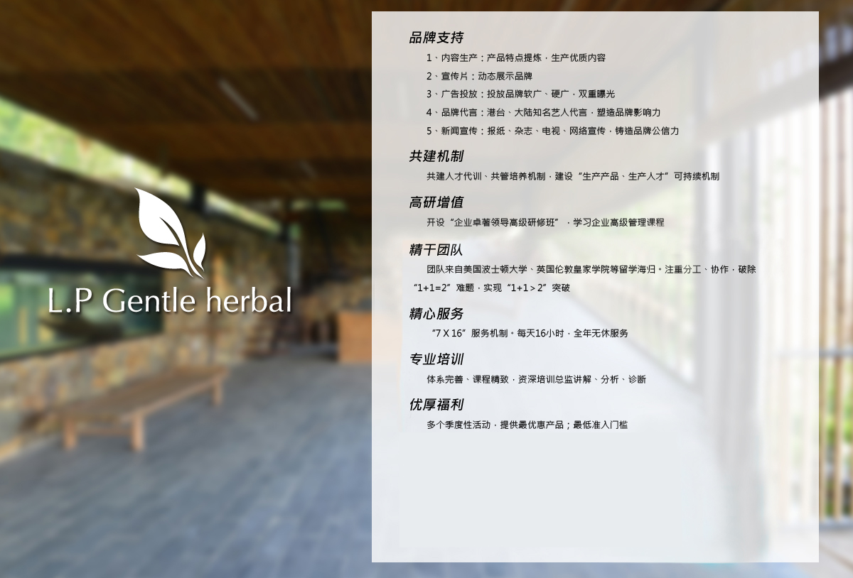 品牌支持:1、內容生產：產品特點提煉，生產優質內容  2、宣傳片：動態展示品牌 3、廣告投放：投放品牌軟廣、硬廣，雙重曝光 4、品牌代言：港臺、大陸知名藝人代言，塑造品牌影響力 5、新聞宣傳：報紙、雜志、電視、網絡宣傳，鑄造品牌公信力。共建機制：共建人才代訓、共管培養機制，建設“生產產品、生產人才”可持續機制。高研增值：開設企業卓著領導高級研修班，學習企業高級管理課程